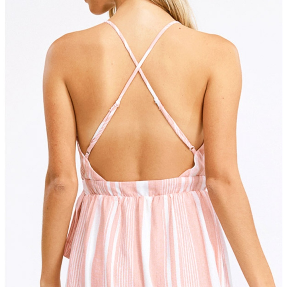 Restock✨Pink Stripe Backless HiLow Midi Wrap Dress - Picture 4 of 8